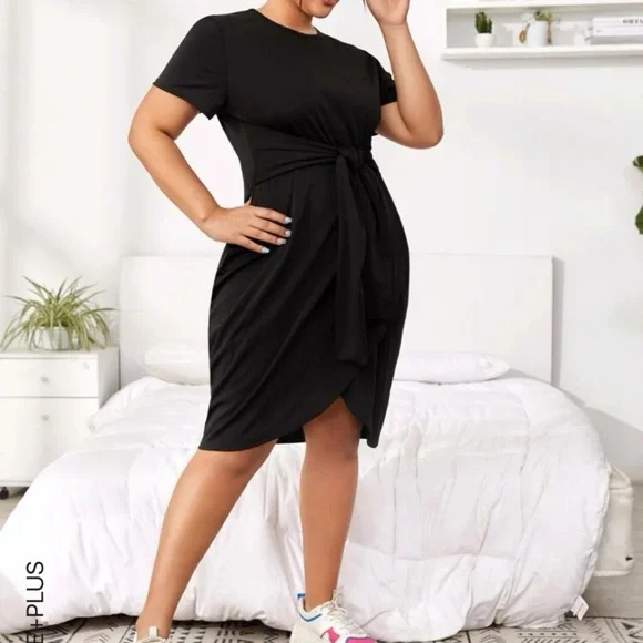 Shein Dresses | New! Black Plus Tie Front Wrap Fitted Dress (1x) | Color: Black | Size: 14 | Stardawn81's Closet Shein Dresses | New! Black Plus Tie Front Wrap Fitted Dress (1x) | Color: Black | Size: 14 | Stardawn81's Closet